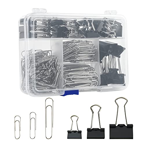 Assorted Size Binder Clips & Jumbo Paper Clips Set - 340pcs Black, Large for Office & School Supplies, in Container with C...