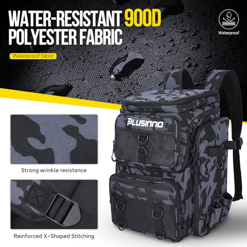 PLUSINNO Fishing Backpack with Rod Holders Tackle Box, 42L Large Water-resistant Fishing Tackle Bag Store Fishing Gear