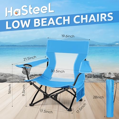 HaSteeL Folding Beach Chair Set of 2, Foldable Blue Camping Chairs for Outside, Low Beach Chair Portable for Adults Fishin...