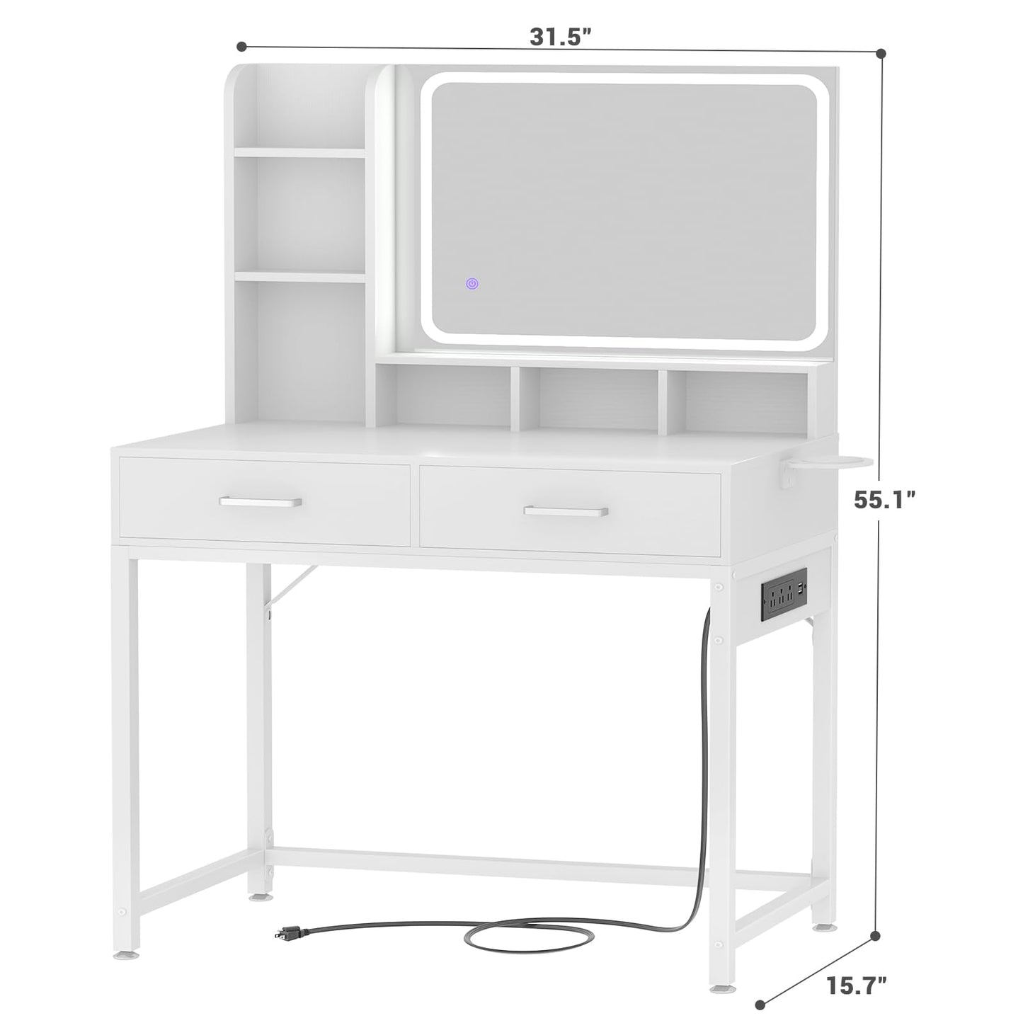 Small Vanity Desk, Vanity Desk with Mirror and Lights, Makeup Vanity Desks with Power Strip, Vanity Table with Drawers and Shelves, Adjustable Lighting, Dressing Table for Bedroom Dressing Room, White