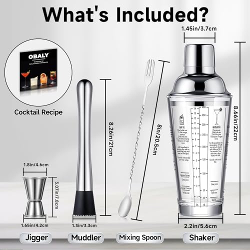 OBALY Glass Cocktail Shaker Stainless Steel Leak-Proof Lid Boston Shaker Martini Shaker Beginner Bartender Kit with Jigger...
