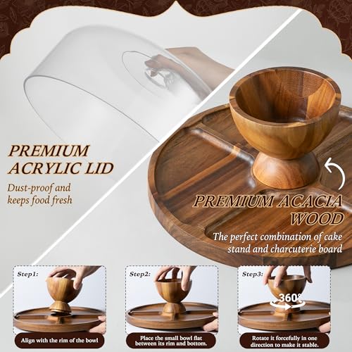 Fyctio Acacia Wood Cake Stand with Lid,12in Round Acrylic Cake Stand with Dome,2-In-1 Reversible Charcuterie Board with Li...