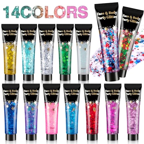 AROIC 14 Colors Body Glitter, Face & Hair Glitter Gel Set for Mardi Gras, Eye Shimmer for Women Glow in the Dark Rave Acce...