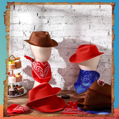 Haysandy 24 Pieces Western Cowboy Hat Set, Felt Cowboy Themed Party Hats with Paisley Bandanas for Kids Costume Party (Re...