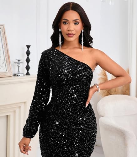 dasmzper Women Sexy Sequin One Shoulder Long Sleeve Tassel Hem Bodycon Midi Dress Party Cocktail Dress