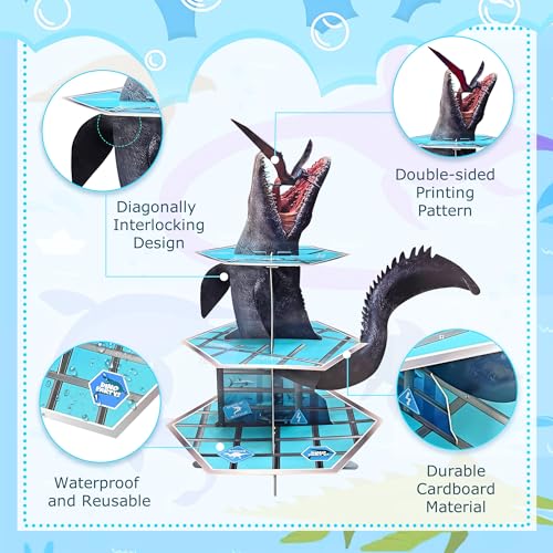GLURUITE Mosasaurus Dinosaur Cupcake Stand Party Decorations Mosasaurus Cupcake Holder Dinosaur Dessert Tower for Dinosaur...