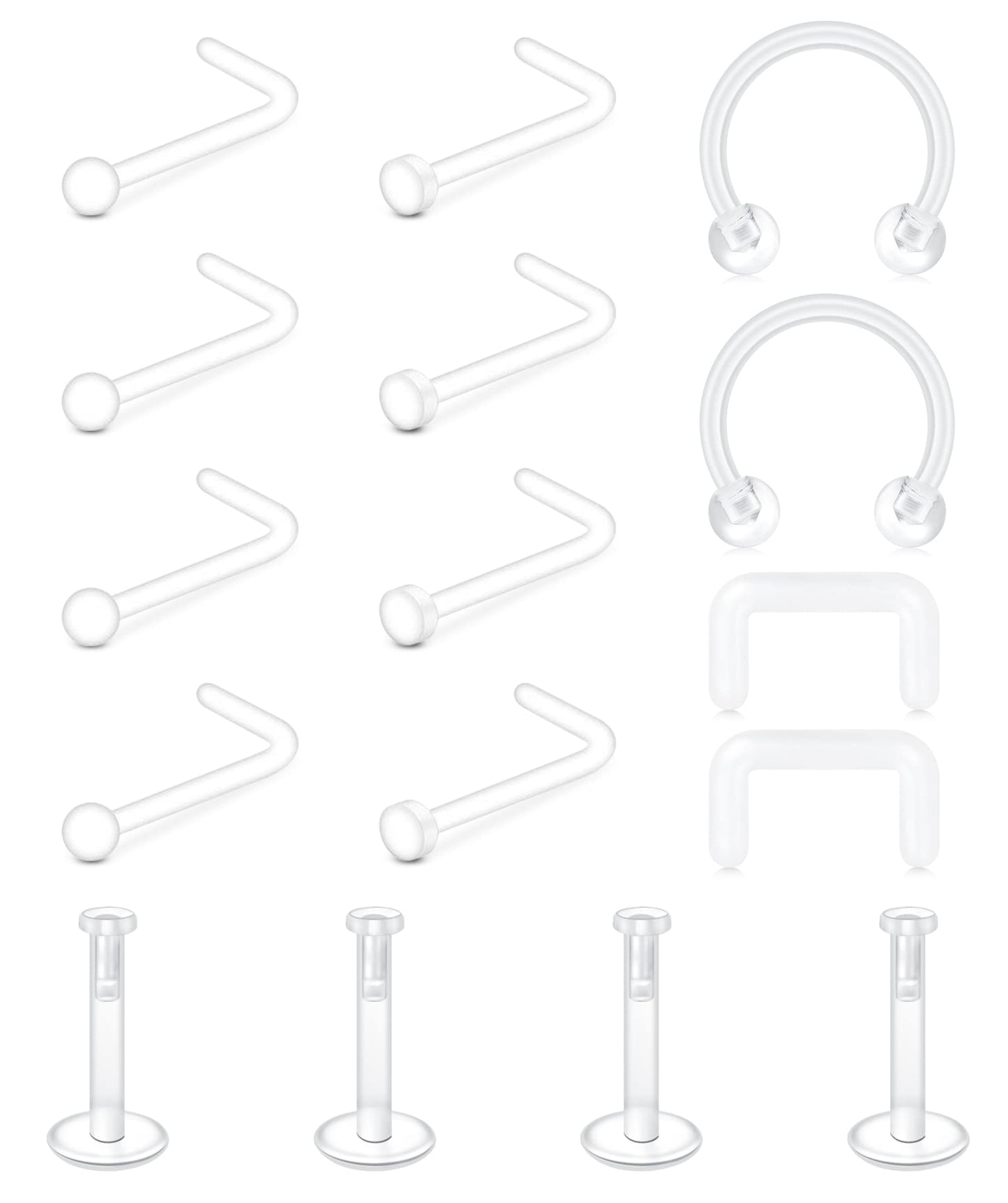 MODRSA Clear Piercing Jewelry, 20g Nose Studs, 16g Septum Retainer, Clear Earrings for Work Surgery Sports, Plastic, Unisex, 16p