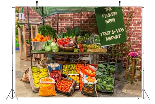 CORFOTO Grocery Store Fruits Backdrop 5x3ft Fresh Fruit Shelves Organic Food Vegetables Photography Background for Farm Ma...