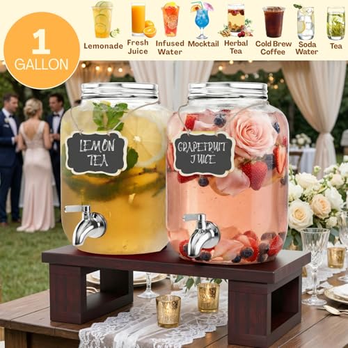 2Pack Large Drink Dispensers for Parties, Glass Beverage Dispenser with Solid Wood Stand, 1 Gallon Water Drink Dispenser w...