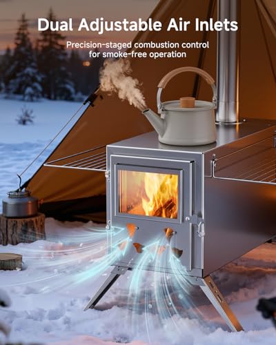 Hot Tent Wood Stove, Portable Camping Wood Burning Stove with 8 Stainless Chimney Pipes, Folding Wood Stove for Tent, Outd...