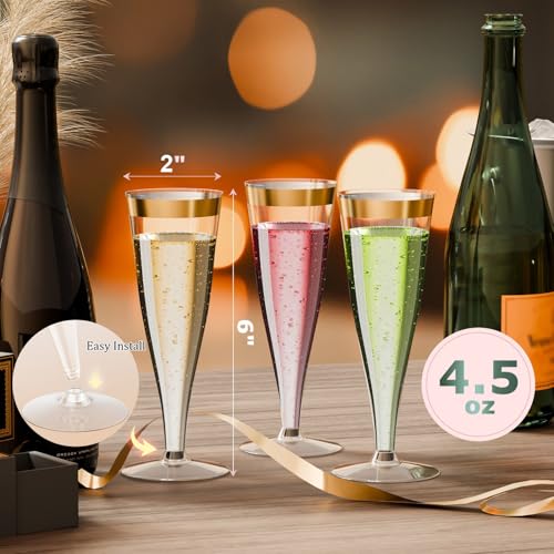 Plastic Champagne Flutes Gold Rim Disposable Champagne Glasses - 40 Pack 4.5 Oz Mimosa Glasses Bulk Cocktail Cups for Part...