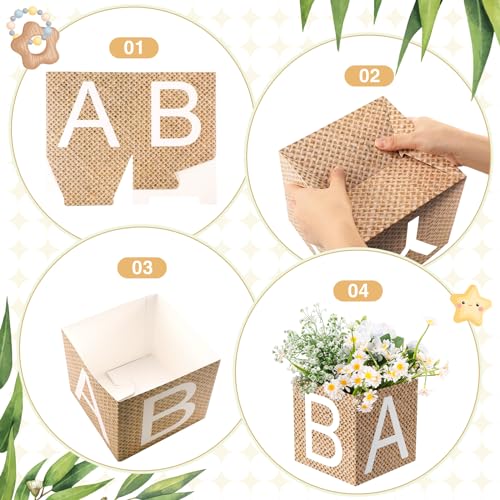 Noveread 6 Pcs Burlap Print Baby Shower Party Decorations Baby Flower Boxes Centerpiece Rustic Burlap Table Display with L...