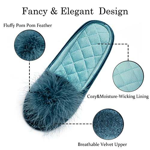GRITHEIM Women's Fuzzy Pom Pom Velvet Memory Foam House Slippers Ladies Cozy Chenille Knit Bedroom Slippers Non-slip Sole ...