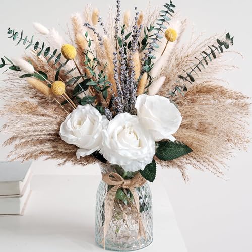 Faux Flower Arrangement with Vase, Center Pieces Decoration for Table, Pampas Grass Floral Décor, Thanksgiving & Christmas...