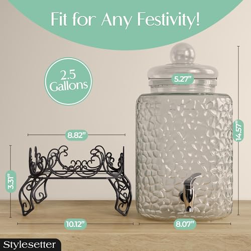 Style Setter Homestead Beverage Dispenser Cold Drink Dispenser w/ 2.5-Gallon Capacity Glass Jug, Metal Rack & Leak Proof A...