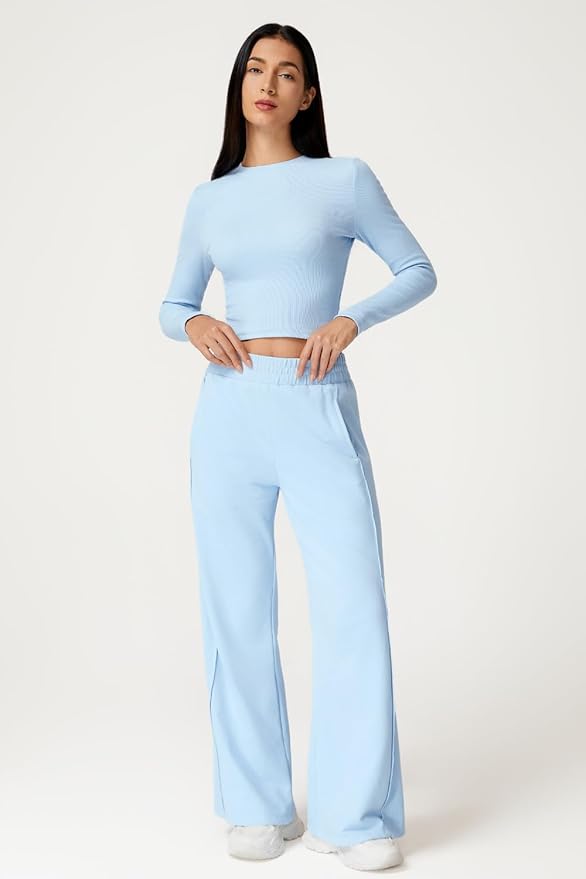 QINSEN Womens 2 Piece Sets Long Sleeve Slim Fit Crop Tops Wide Leg Pants Matching Lounge Set