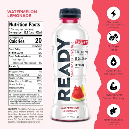 Ready® Sports Drink Light – The Ultimate Low-Calorie Hydration Drink with 4 Different Electrolytes – No Added Sugars – Nat...