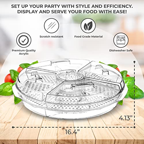 Chef's Star 16" Food Tray with Ice Compartment & Lid - 8 Section with Dip Holder Clear Acrylic Chilled Bowl for Lunch, Pic...