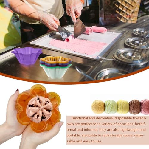 Vmiapxo 100 sets 8 oz Disposable Ice Cream Bowls and Spoons, Flower Shape Plastic Sundae Cups, Ice Cream Bar Supplies, Col...