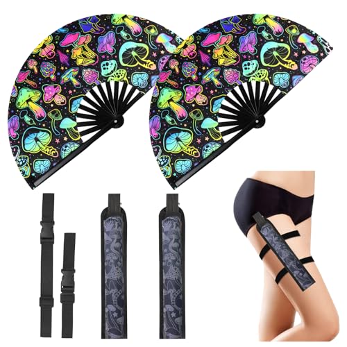 FEFURS 2PCS UV Glow Rave Fan,13in Large Folding Hand Rave Fan with 2 Rave Fan Thigh Holsters,Clack Fan for Line Dancing,Mu...