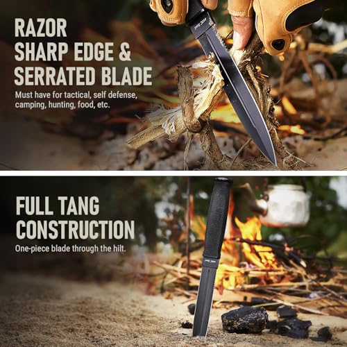 Tactical Survival Knife with Sheath – 6.5" Fixed Full Tang Blade, Serrated Edge – Hunting Knife with Non-Slip Rubber Handl...