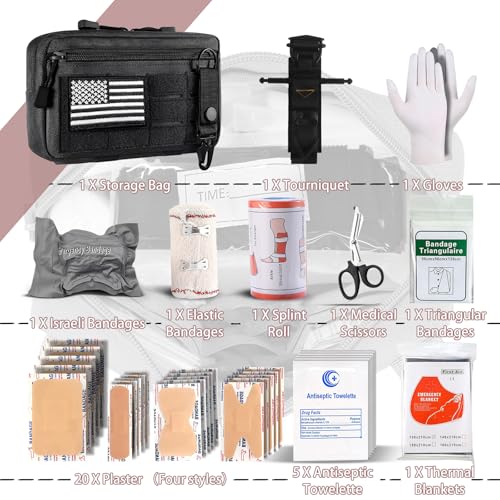 IFAK Trauma Kit with Tourniquet, 4-Inch Israeli Bandage, Elastic Bandages, Set of 34 Pieces Tactical First Aid Kit for Ca...