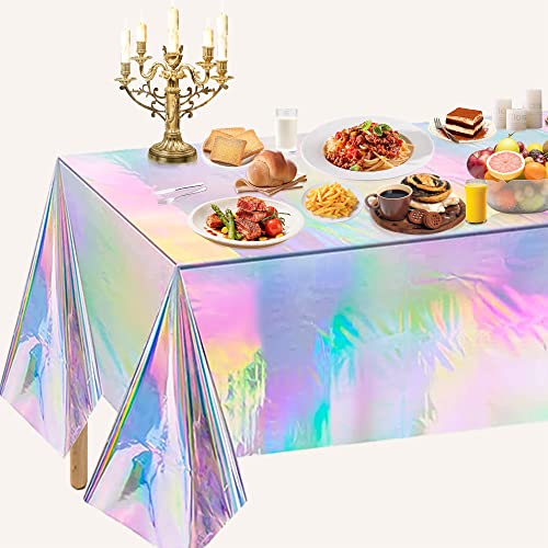 OHOME 4 Pack Iridescence Plastic Tablecloths Disposable Galentines Day Decorations New Years Birthday Disco Bachelorette B...