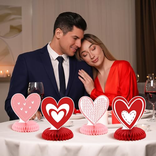 9Pcs Valentine's Day Honeycomb Centerpieces 3D Conversation Heart Tabletop Decorations Red Pink Love Table Topper Centerpi...