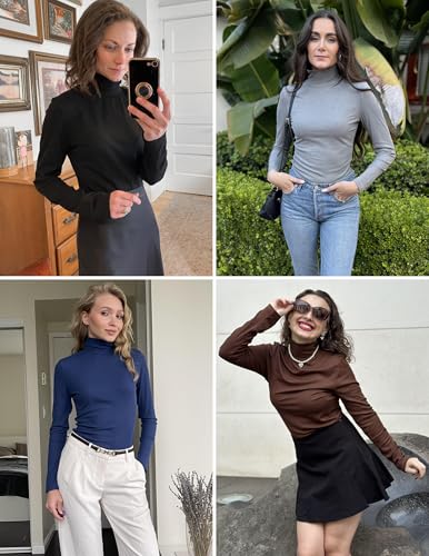 Ekouaer Women Turtleneck Shirt Long Sleeve Layer Tops Basic Ribbed Tees Soft Stretch Thermal Undershirts Lightweight Blouse