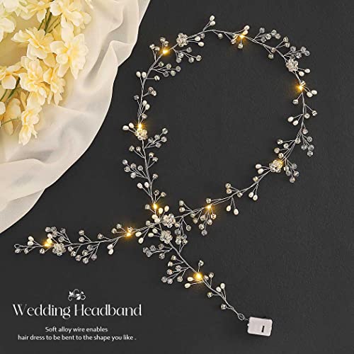 Yean Led Bride Wedding Hair Vine Long Light Up Bridal Headband Silver Crystal Hair Accessories Crystal Costume Party Headp...