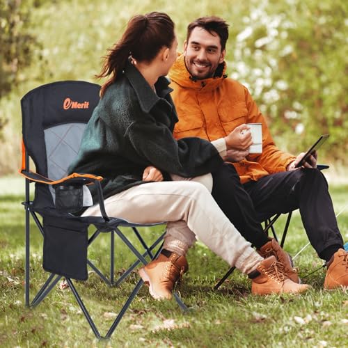 EMERIT Oversized Padded Camping Chair, 350LB Heavy Duty Quad Fold Chair with Arms, Collapsible Outdoor Chairs with Lumbar ...