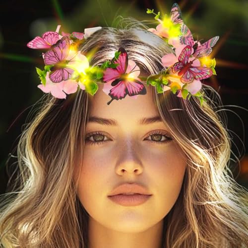DRESBE Light Up Butterfly Flower Crown LED Floral Headband Glow Fairy Hair Accessories for Women (Pink)