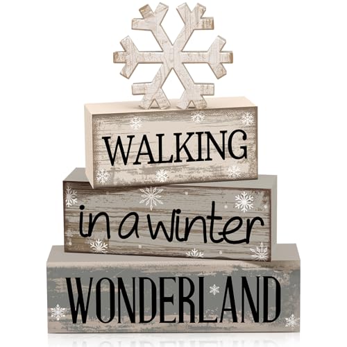 Moucuny 4 Pcs Winter Table Decorations Wooden Snowflake Decor Winter Tiered Snow Tray Decor Rustic Block Signs Gift Farmho...