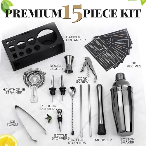 Black Stainless Steel Cocktail Shaker Set with Wood Stand - 15 Piece Bartender Kit with Drink Shaker, Bar Spoon, Jigger, M...