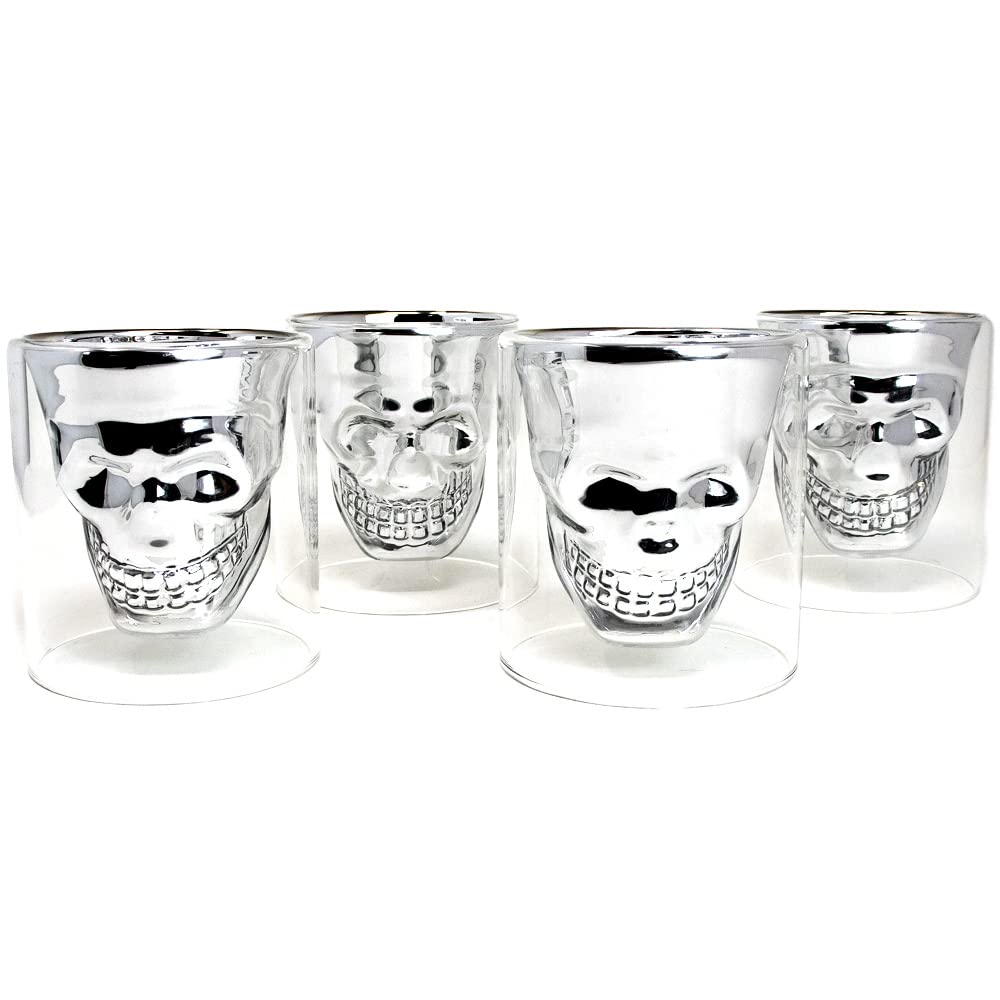 Set of 4 Double Wall Silver Skull Glasses