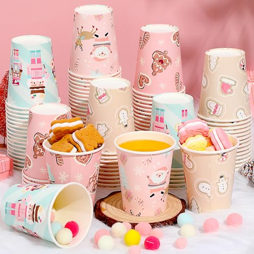 Maxcheck 100 Pcs Pink Christmas Paper Cups 9 oz Disposable Pink Snowflakes Elk Xmas Coffee Cups Hot Drink for Xmas Holiday...