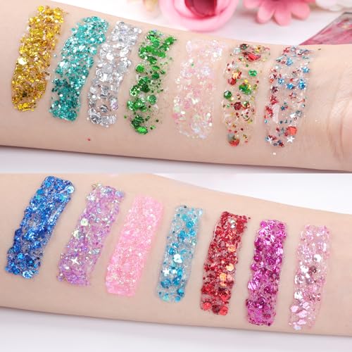 AROIC 14 Colors Body Glitter, Face & Hair Glitter Gel Set for Mardi Gras, Eye Shimmer for Women Glow in the Dark Rave Acce...