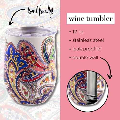 Insulated Wine Tumbler, 12 Ounce Travel Cup, Stainless Steel Tumbler with Lid (Harbor Paisley)
