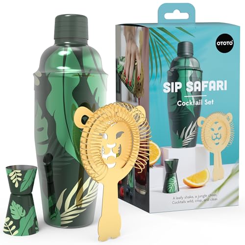 New - OTOTO Sip Safari Jungle Cocktail Shaker Set - Bartender Kit with Lion Cap, Bar Cart Accessories, Bartender Bar Acces...