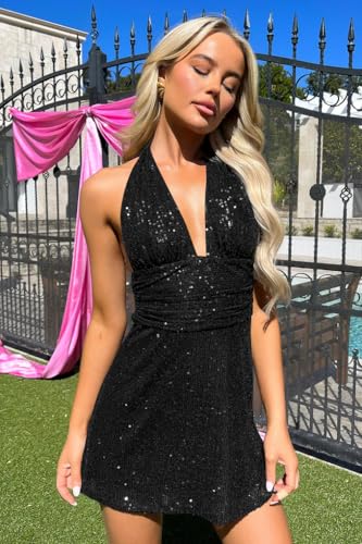 Memoriesea Women Sequin Sexy V Neck Glitter Sleeveless Party Night Out Mini Club Dress