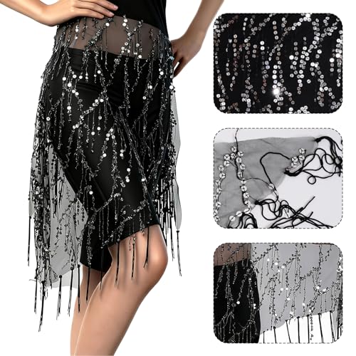 Women's Belly Dance Hip Scarf with Sequins, Triangle Shawl Tassels Belly Dancing Waist Scarf Belt for Performance, Costum...