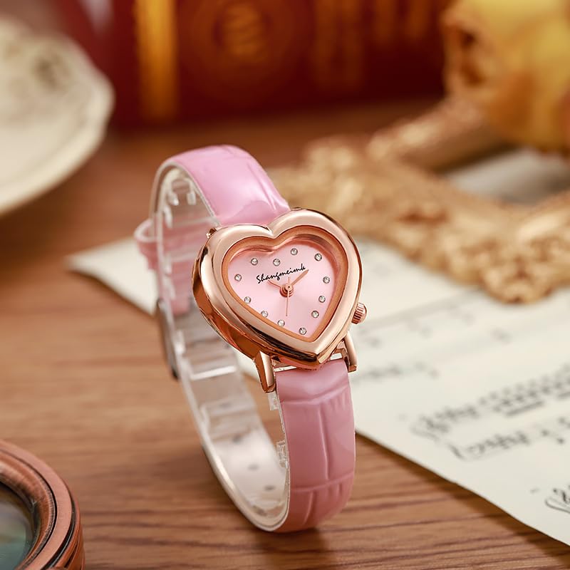 Heart Shape Retro Bracelet Watch for Man Women, Luxe Elegant, Small Dial, Minimalist Design, Chain Strap, Refined Style (Pink)