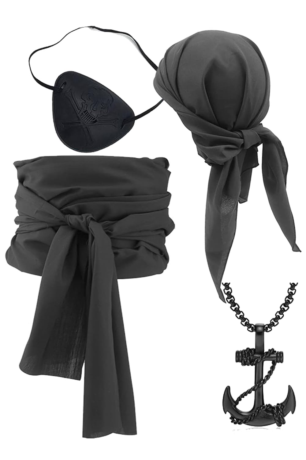 Pirate Cosplay Costume - Women's & Men's Pirate Head Scarf, Hat Accessories - Black Sash Belt & Bandana Headband Waist Belt