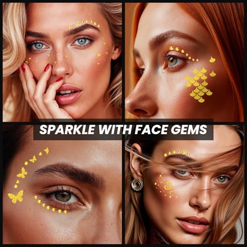 30PCS Glitter Freckles Face Tattoos & Face Gems Set, Multi-Style Gold Glitter Temporary Tattoos for Valentine's Day Makeu...