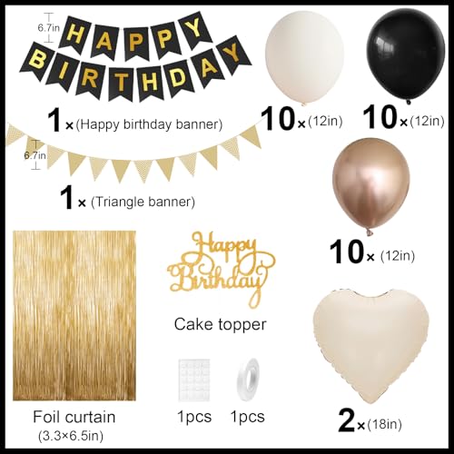 Black Gold Birthday Decorations,Party Decorations with Sand White Champagne Gold Balloon Heart Balloons Happy Birthday Ban...