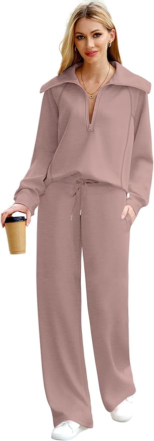 XIEERDUO Lounge Sets For Women 2025 Half Zip Sweatshirt And Wide Leg Sweatpant 2 Piece Outfits Sweatsuit Tracksuit