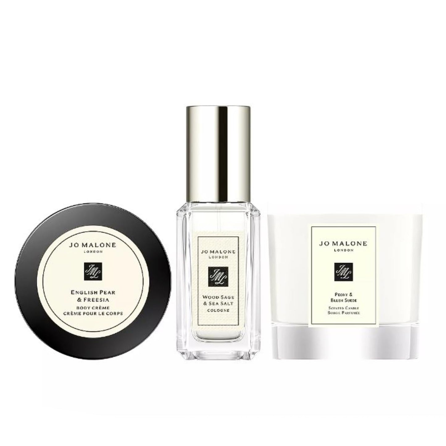 Jo Malone London Mini Luxuries Trio Gift Set - Wood Sage & Sea Salt Cologne - English Pear & Freesia Body Creme - Peony & Blush Suede Candle - Travel Size