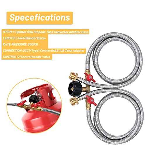 Propane Y Splitter Hose 2 Way Stainless Steel Braided Y Splitter CGA Propane Tank Converter Adapter Hose 5 FT Propane Hose...