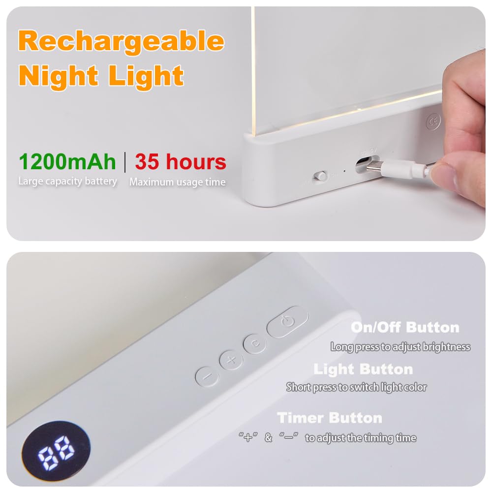 Book Light, Rechargeable Clear LED Flat Reading Light with 3 Colors & Timer, Dimmable Panel Plate Lamp Book Full Page Light for Reading in Bed at Night, Funny Gifts for Readers Kids Women Men (White)