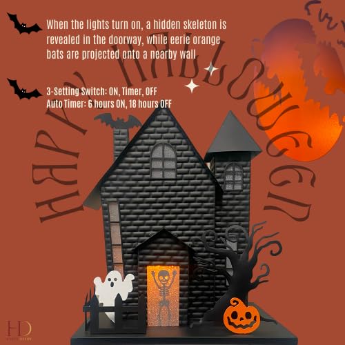 Haute Decor Halloween Haunted House with Bat Projection - Unique Lighted Black Metal Haunted House for Tabletop Halloween Decoration
